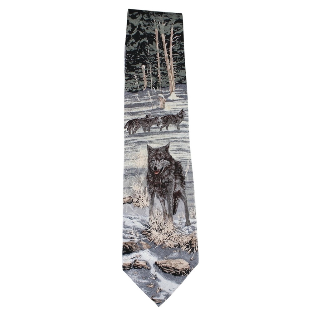 Vintage Je Suis Silk Necktie Wolf Pack Forest Scene Gray Blue Animal Print‎